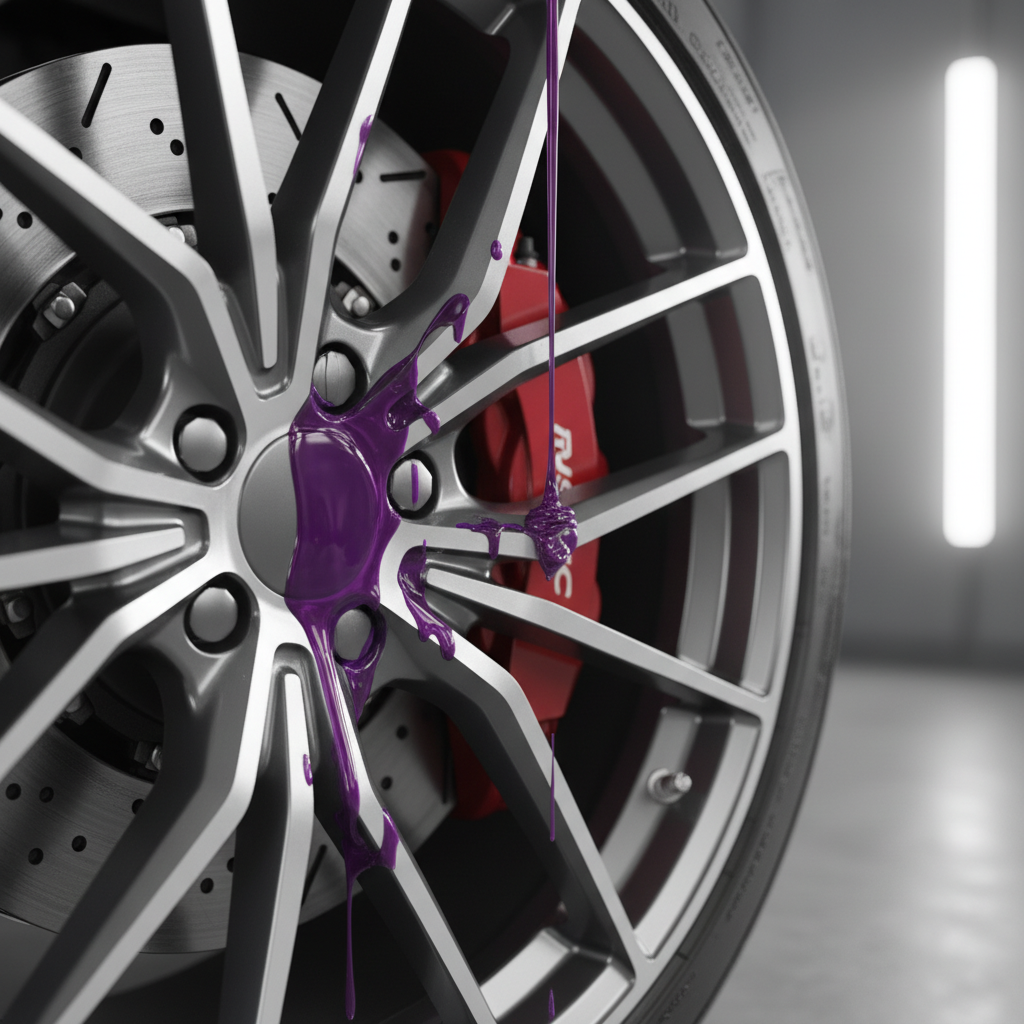 고급스러운 스포츠카의 알로이 휠에 보라색으로 반응하며 흐르는 철분 제거 휠 세정제의 고해상도 근접 촬영 이미지. 화학 반응으로 인해 브레이크 분진이 녹아내리는 모습이 상세하게 표현됨.