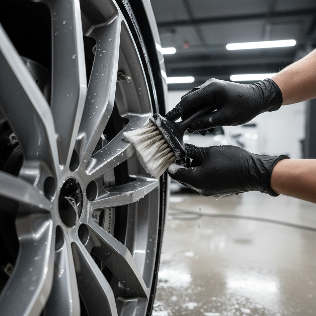 검은색 니트릴 장갑을 낀 전문가의 손이 부드러운 디테일링 브러시를 사용하여 복잡한 디자인의 실버 휠 스포크 구석구석을 풍성한 거품으로 닦아내는 생동감 넘치는 장면.