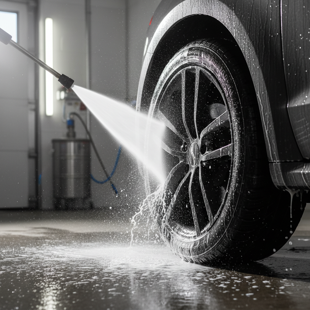 고압수 세척기가 매트 블랙 휠에 묻은 두꺼운 세정제 거품을 시원하게 씻어내는 순간을 포착한 액션 샷. 공중에 흩날리는 물방울과 깨끗해지는 휠 표면이 대조를 이룸.