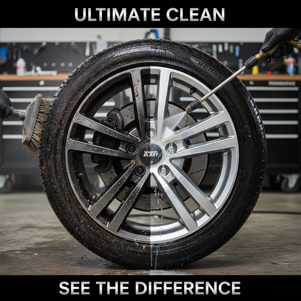 휠 세정제의 강력한 세척력을 보여주기 위해 더러운 브레이크 분진으로 가득 찬 휠의 절반과 거품 세척 후 거울처럼 빛나는 나머지 절반을 비교하는 분할 화면 구성 이미지.