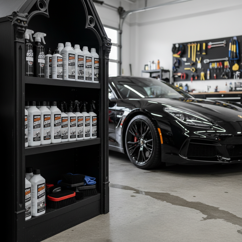 정리된 가고일 스타일의 차고 선반 위에 휠 세정제, 타이어 광택제, 각종 브러시들이 나란히 놓여 있고 그 뒤로 세차가 완료된 반짝이는 자동차가 보이는 로우 앵글 사진.
